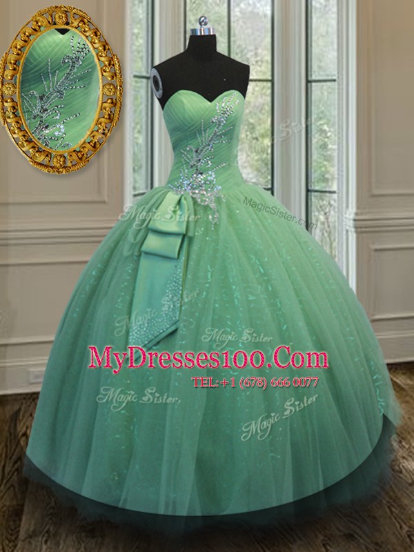 Fantastic Green Ball Gowns Tulle and Sequined Sweetheart Sleeveless Beading and Ruching and Bowknot Floor Length Lace Up Quince Ball Gowns