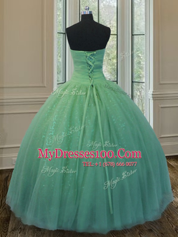 Fantastic Green Ball Gowns Tulle and Sequined Sweetheart Sleeveless Beading and Ruching and Bowknot Floor Length Lace Up Quince Ball Gowns