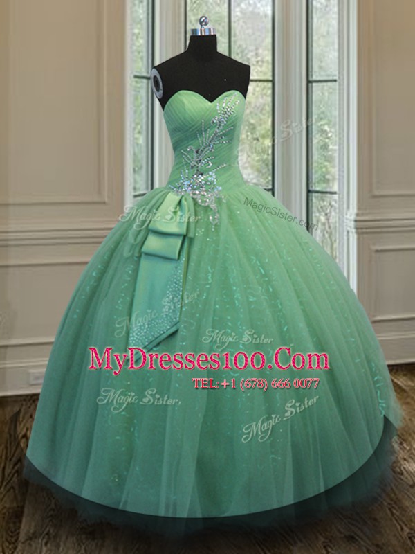 Fantastic Green Ball Gowns Tulle and Sequined Sweetheart Sleeveless Beading and Ruching and Bowknot Floor Length Lace Up Quince Ball Gowns