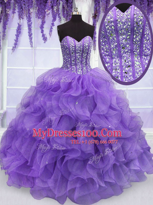 Glittering Lavender Sleeveless Floor Length Beading and Ruffles Lace Up 15 Quinceanera Dress