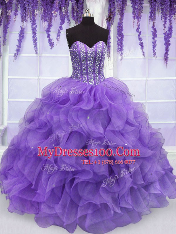 Glittering Lavender Sleeveless Floor Length Beading and Ruffles Lace Up 15 Quinceanera Dress