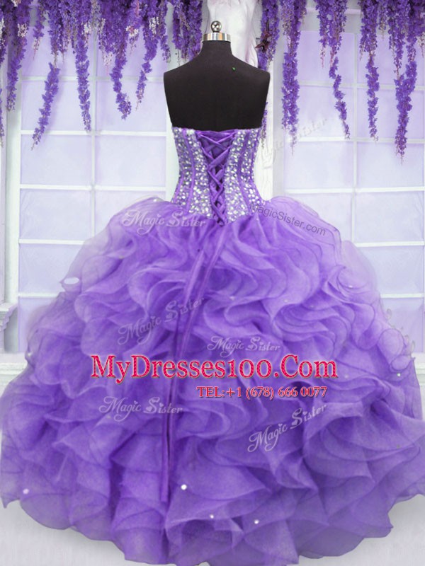 Glittering Lavender Sleeveless Floor Length Beading and Ruffles Lace Up 15 Quinceanera Dress