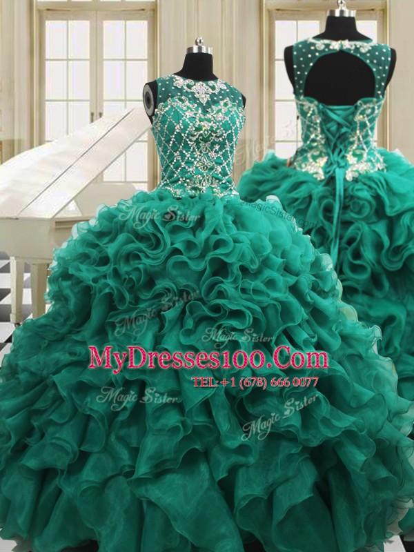 Nice Four Piece Scoop Sleeveless Organza Quince Ball Gowns Beading and Ruffles Lace Up