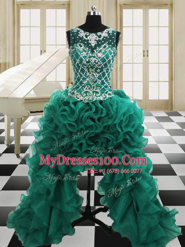 Nice Four Piece Scoop Sleeveless Organza Quince Ball Gowns Beading and Ruffles Lace Up