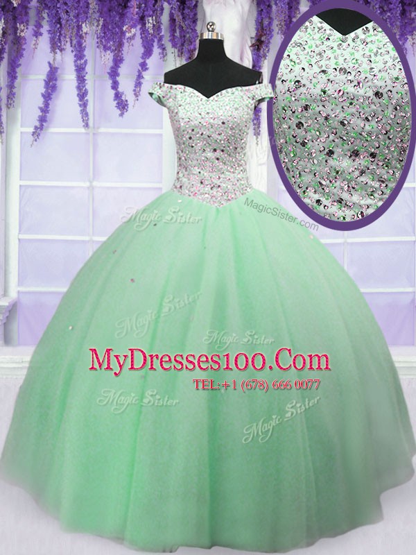On Sale Ball Gowns Quinceanera Gowns Apple Green Off The Shoulder Tulle Sleeveless Floor Length Lace Up