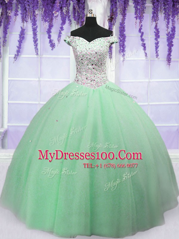 On Sale Ball Gowns Quinceanera Gowns Apple Green Off The Shoulder Tulle Sleeveless Floor Length Lace Up