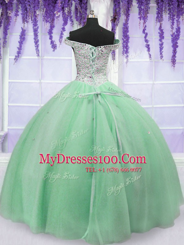 On Sale Ball Gowns Quinceanera Gowns Apple Green Off The Shoulder Tulle Sleeveless Floor Length Lace Up