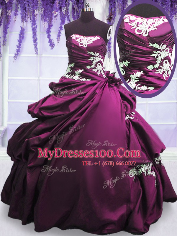 Nice Purple Taffeta Lace Up Strapless Sleeveless Floor Length Quince Ball Gowns Appliques and Pick Ups