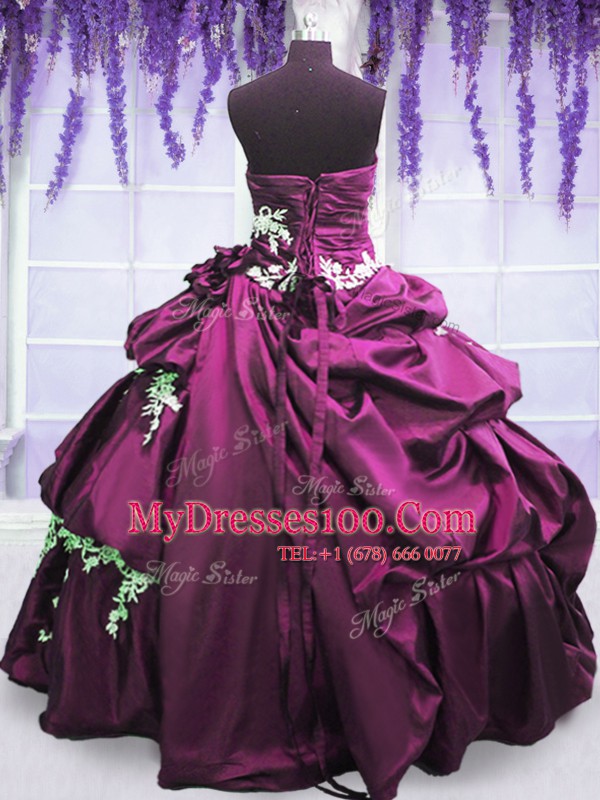 Nice Purple Taffeta Lace Up Strapless Sleeveless Floor Length Quince Ball Gowns Appliques and Pick Ups