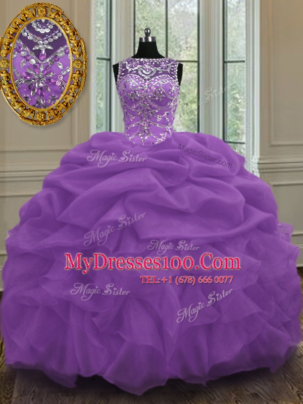 Nice Scoop Beading and Pick Ups 15th Birthday Dress Purple Lace Up Sleeveless Floor Length