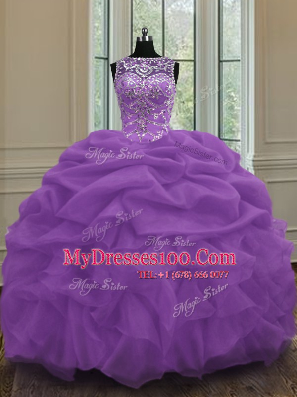 Nice Scoop Beading and Pick Ups 15th Birthday Dress Purple Lace Up Sleeveless Floor Length