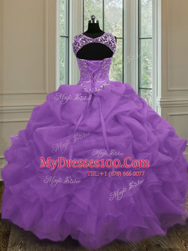 Nice Scoop Beading and Pick Ups 15th Birthday Dress Purple Lace Up Sleeveless Floor Length