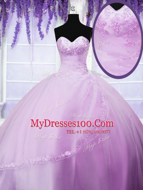 Classical Lilac Sleeveless Appliques Floor Length Quince Ball Gowns
