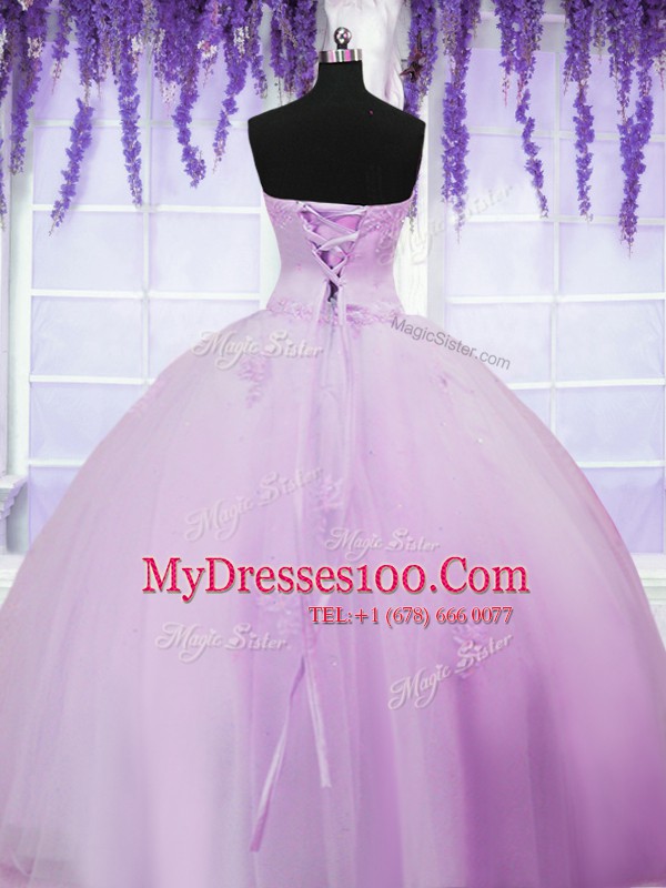 Classical Lilac Sleeveless Appliques Floor Length Quince Ball Gowns