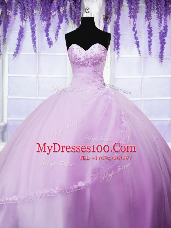 Classical Lilac Sleeveless Appliques Floor Length Quince Ball Gowns