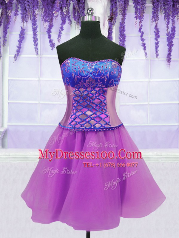 Best Four Piece Floor Length Purple Quinceanera Gown Organza Sleeveless Embroidery and Ruffles