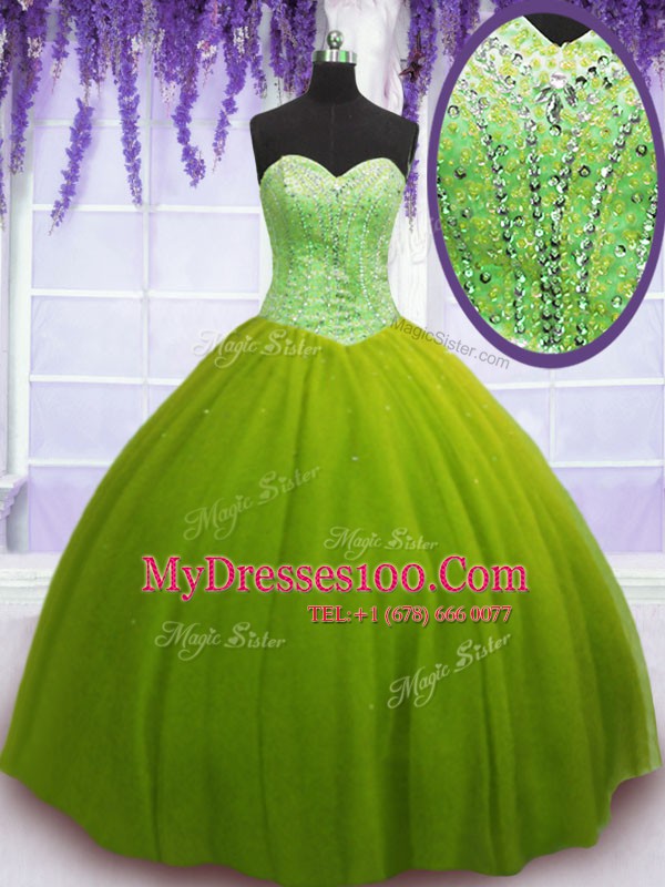 Nice Ball Gowns Sweet 16 Quinceanera Dress Olive Green Sweetheart Tulle Sleeveless Floor Length Lace Up