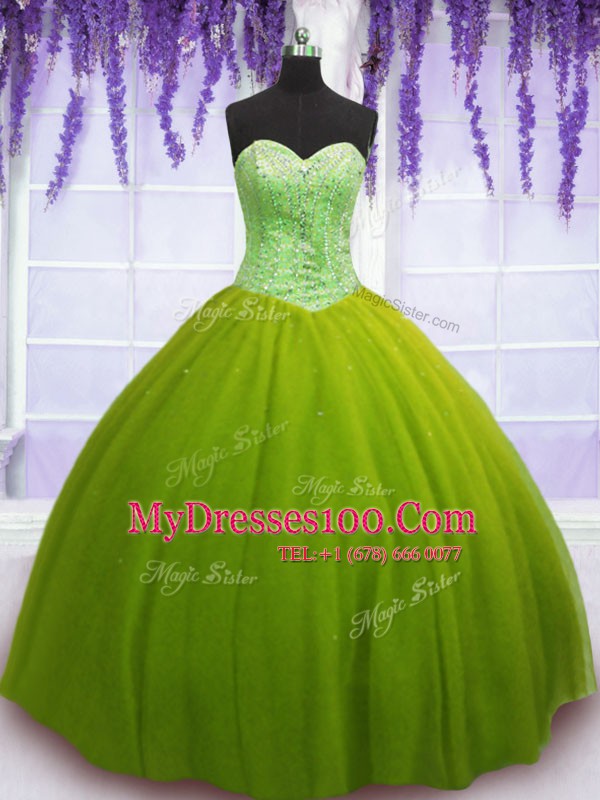 Nice Ball Gowns Sweet 16 Quinceanera Dress Olive Green Sweetheart Tulle Sleeveless Floor Length Lace Up