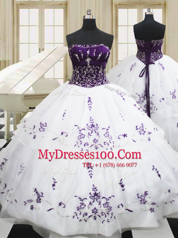 Best White Strapless Neckline Beading and Embroidery 15th Birthday Dress Sleeveless Lace Up