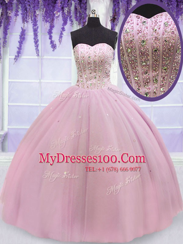 Free and Easy Baby Pink Quinceanera Dress Military Ball and Sweet 16 and Quinceanera and For with Beading Sweetheart Sleeveless Lace Up