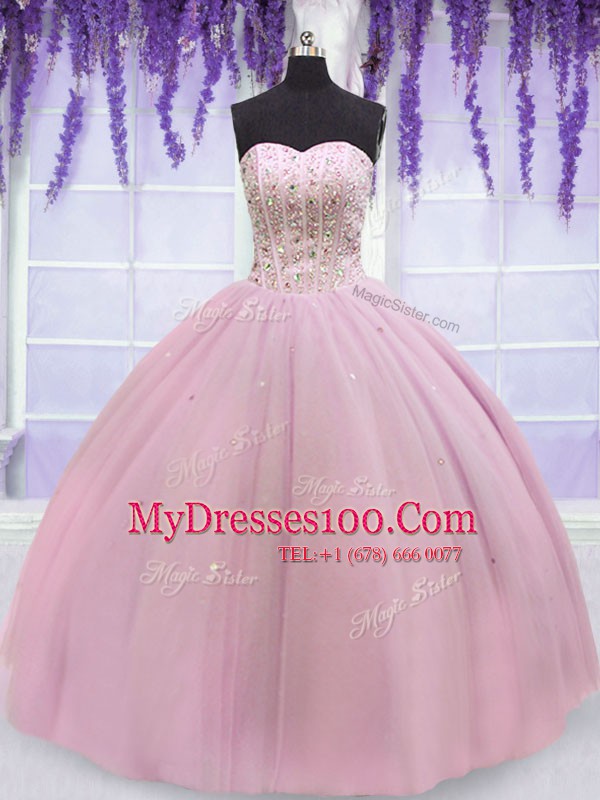 Free and Easy Baby Pink Quinceanera Dress Military Ball and Sweet 16 and Quinceanera and For with Beading Sweetheart Sleeveless Lace Up
