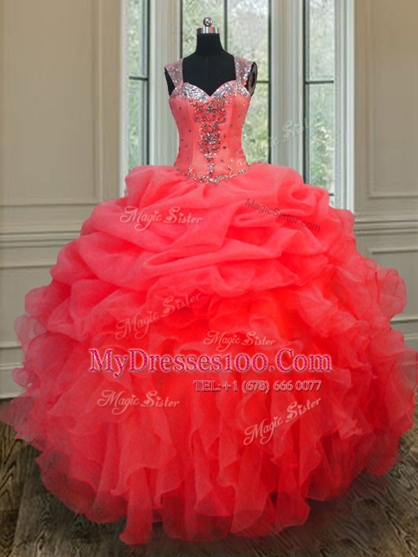 Pretty Straps Organza Sleeveless Floor Length Quinceanera Dresses and Beading and Ruffles