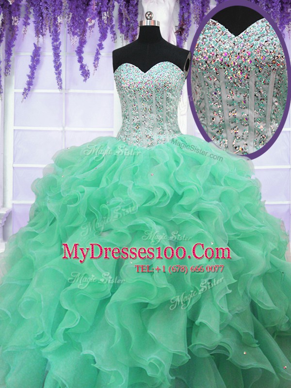 Apple Green Organza Lace Up Sweetheart Sleeveless Floor Length Quinceanera Dress Ruffles and Sequins