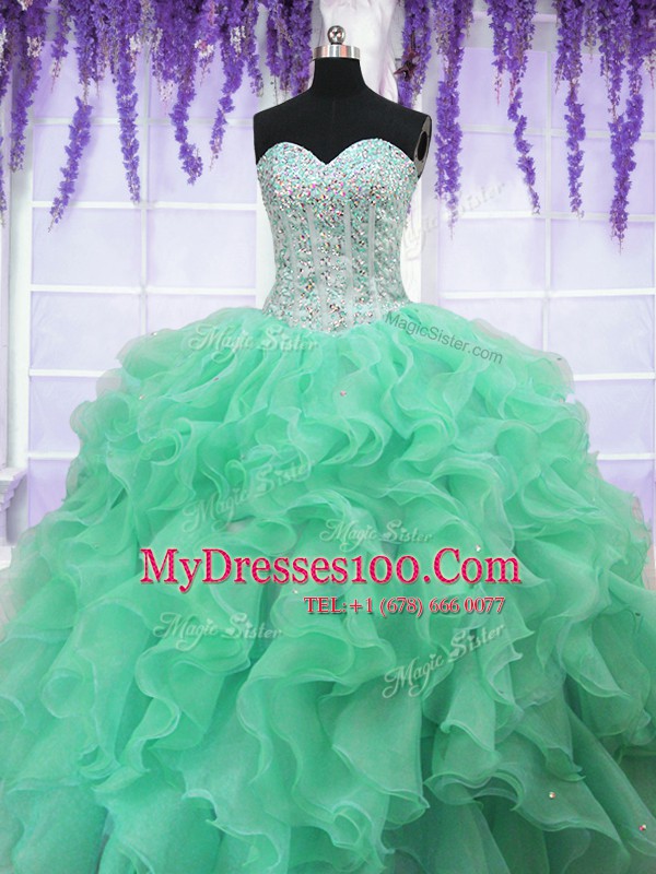 Apple Green Organza Lace Up Sweetheart Sleeveless Floor Length Quinceanera Dress Ruffles and Sequins