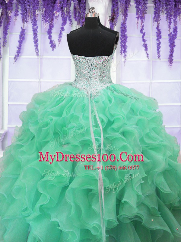 Apple Green Organza Lace Up Sweetheart Sleeveless Floor Length Quinceanera Dress Ruffles and Sequins