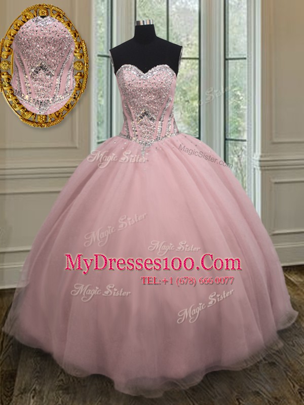 Baby Pink Sweetheart Neckline Beading and Belt Sweet 16 Dresses Sleeveless Lace Up