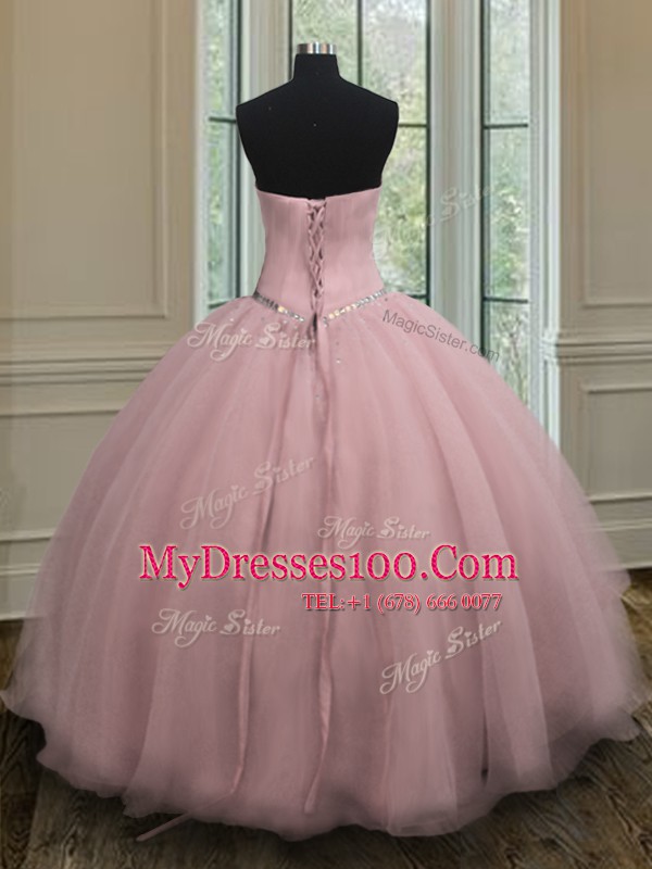Baby Pink Sweetheart Neckline Beading and Belt Sweet 16 Dresses Sleeveless Lace Up