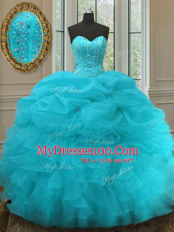Delicate Sleeveless Floor Length Beading and Ruffles and Pick Ups Lace Up Quinceanera Gown with Aqua Blue