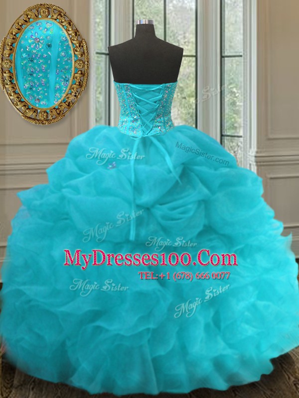 Delicate Sleeveless Floor Length Beading and Ruffles and Pick Ups Lace Up Quinceanera Gown with Aqua Blue