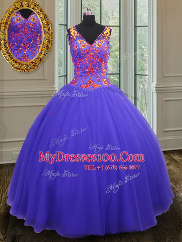 Blue Ball Gowns V-neck Sleeveless Tulle Floor Length Zipper Beading Sweet 16 Dresses