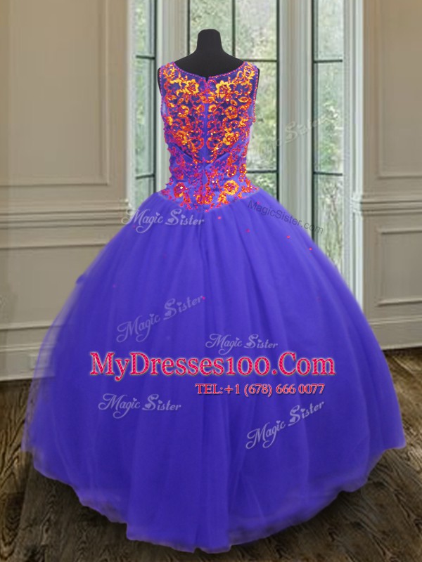 Blue Ball Gowns V-neck Sleeveless Tulle Floor Length Zipper Beading Sweet 16 Dresses