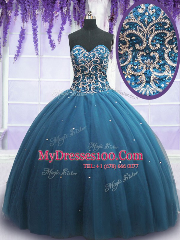 Spectacular Sleeveless Tulle Floor Length Lace Up Quince Ball Gowns in Teal with Beading and Appliques