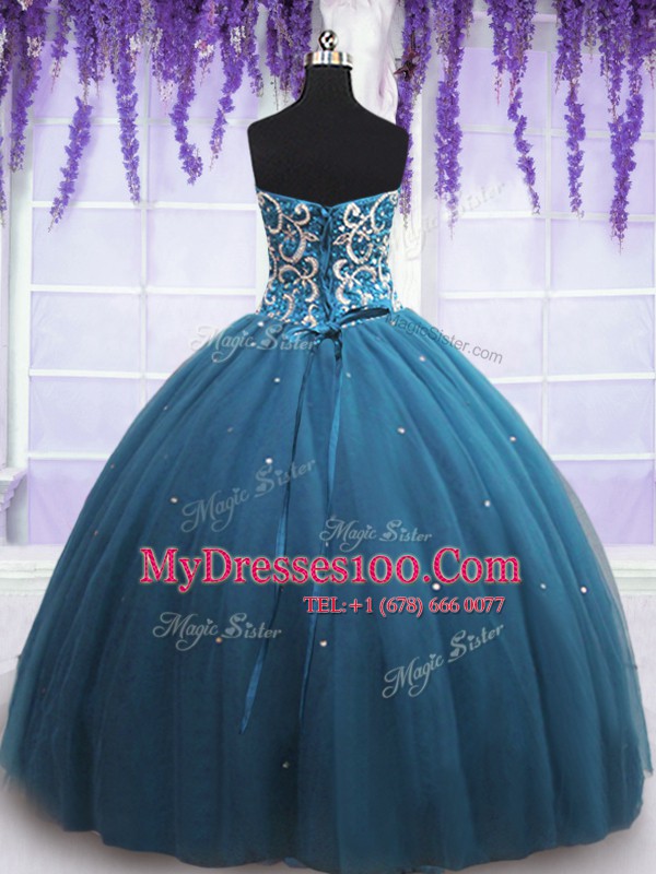 Spectacular Sleeveless Tulle Floor Length Lace Up Quince Ball Gowns in Teal with Beading and Appliques