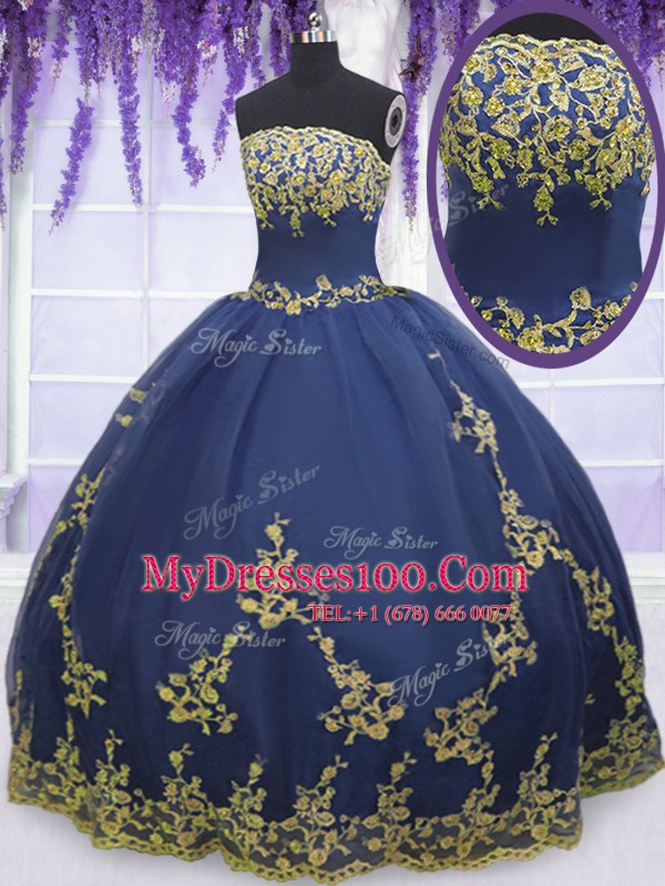 Modern Sleeveless Tulle Floor Length Zipper Quince Ball Gowns in Navy Blue with Appliques