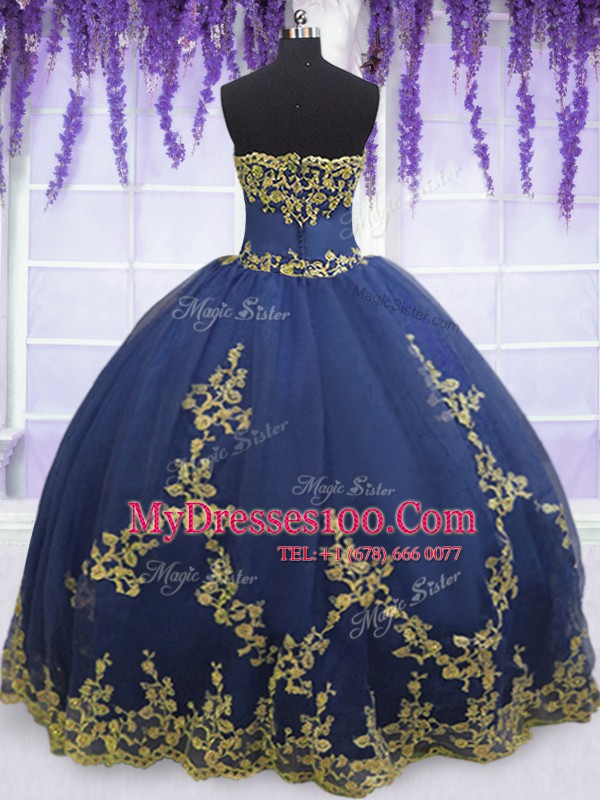 Modern Sleeveless Tulle Floor Length Zipper Quince Ball Gowns in Navy Blue with Appliques