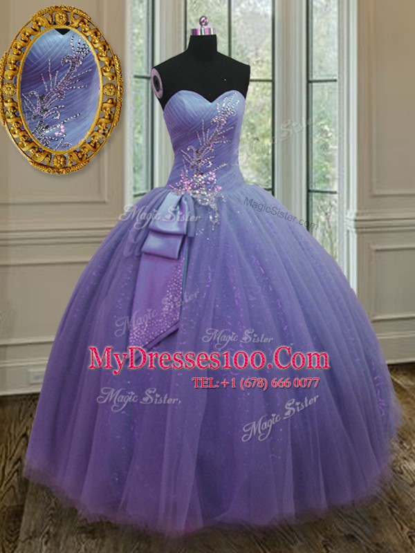 Lavender Sleeveless Floor Length Beading and Ruching and Bowknot Lace Up Quinceanera Gowns