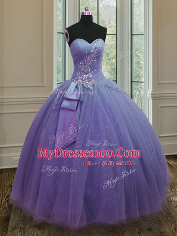 Lavender Sleeveless Floor Length Beading and Ruching and Bowknot Lace Up Quinceanera Gowns