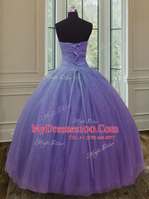 Lavender Sleeveless Floor Length Beading and Ruching and Bowknot Lace Up Quinceanera Gowns
