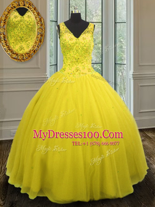 Perfect Sleeveless Floor Length Beading Zipper 15th Birthday Dress with Yellow
