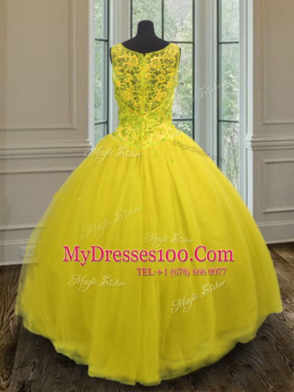 Perfect Sleeveless Floor Length Beading Zipper 15th Birthday Dress with Yellow