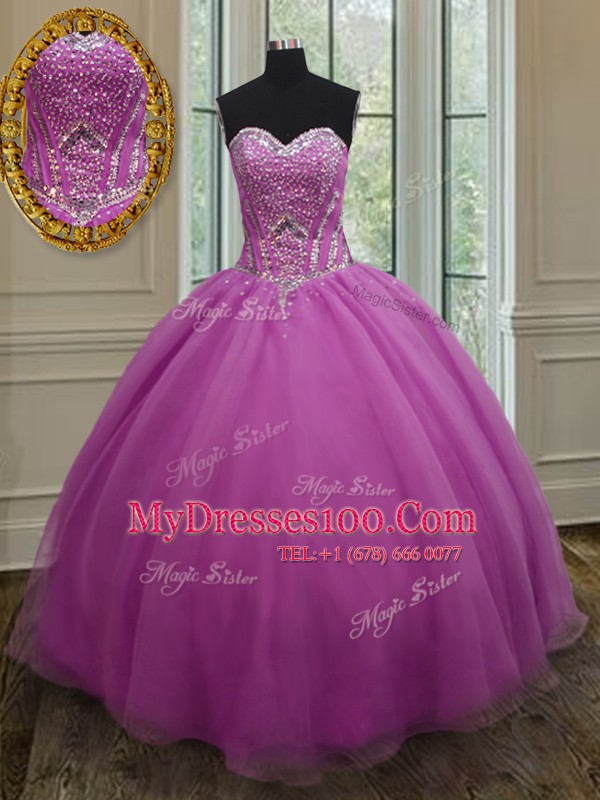 Best Fuchsia Organza Lace Up Quinceanera Dresses Sleeveless Floor Length Beading and Belt