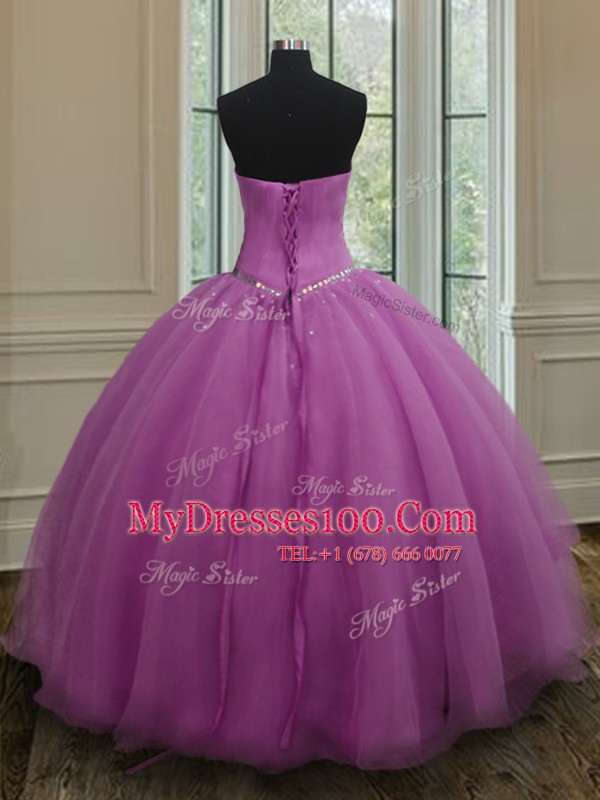 Best Fuchsia Organza Lace Up Quinceanera Dresses Sleeveless Floor Length Beading and Belt