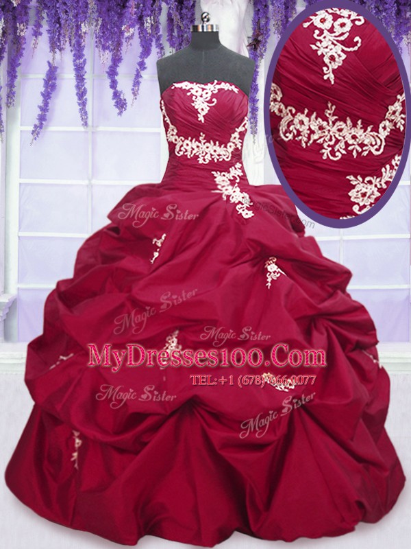 Taffeta Strapless Sleeveless Lace Up Appliques and Pick Ups Ball Gown Prom Dress in Fuchsia
