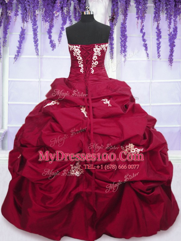 Taffeta Strapless Sleeveless Lace Up Appliques and Pick Ups Ball Gown Prom Dress in Fuchsia