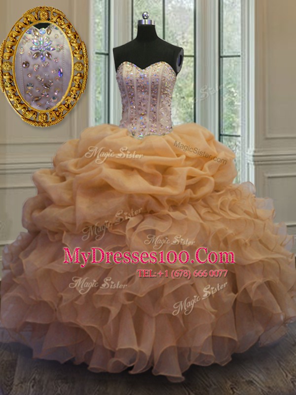 Modest Gold Ball Gowns Organza Sweetheart Sleeveless Beading and Pick Ups Floor Length Lace Up Sweet 16 Dress
