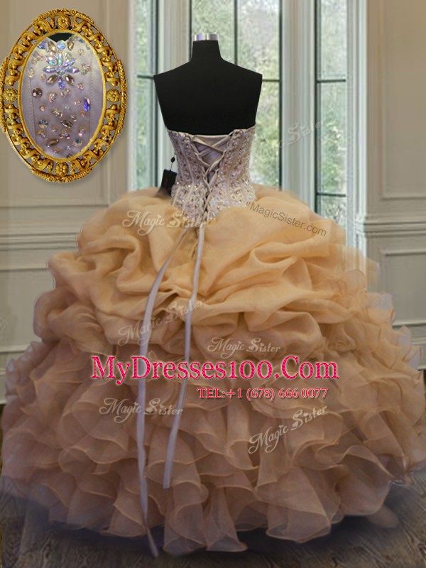 Modest Gold Ball Gowns Organza Sweetheart Sleeveless Beading and Pick Ups Floor Length Lace Up Sweet 16 Dress